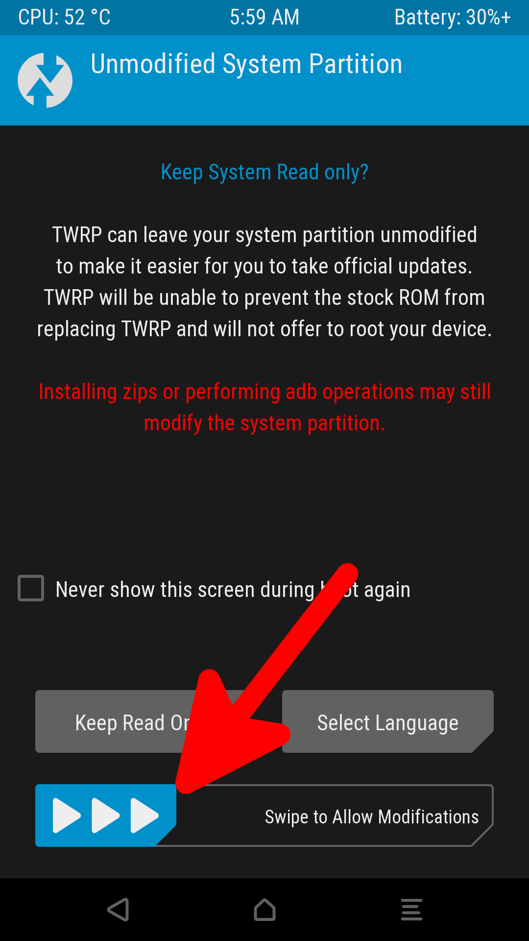 capture twrp du menu unmodified system partition
