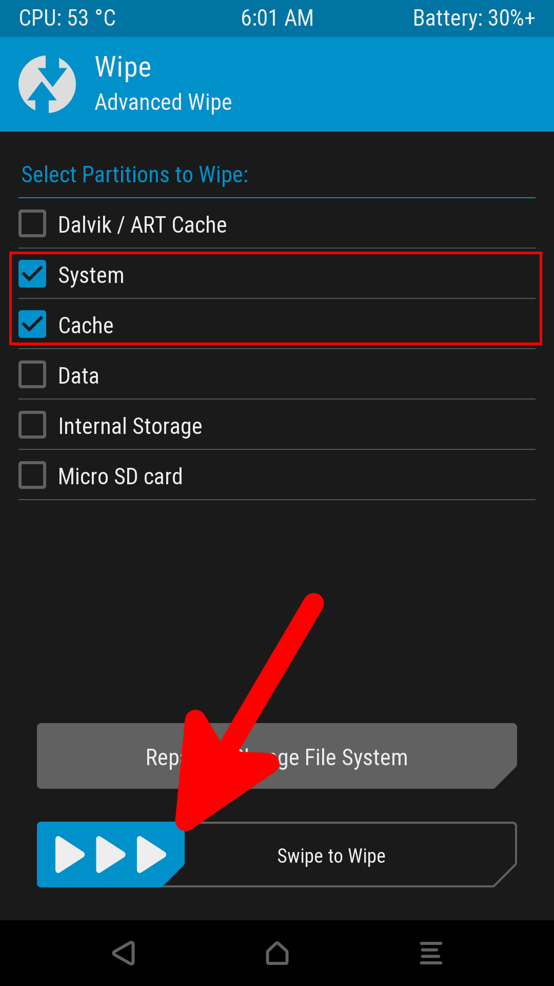 capture twrp du menu wipe avec les cases system et cache cochées