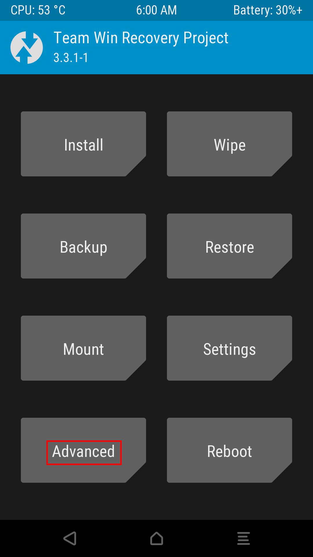 capture twrp du menu team win recovery project et avec le bouton advanced encadré en rouge
