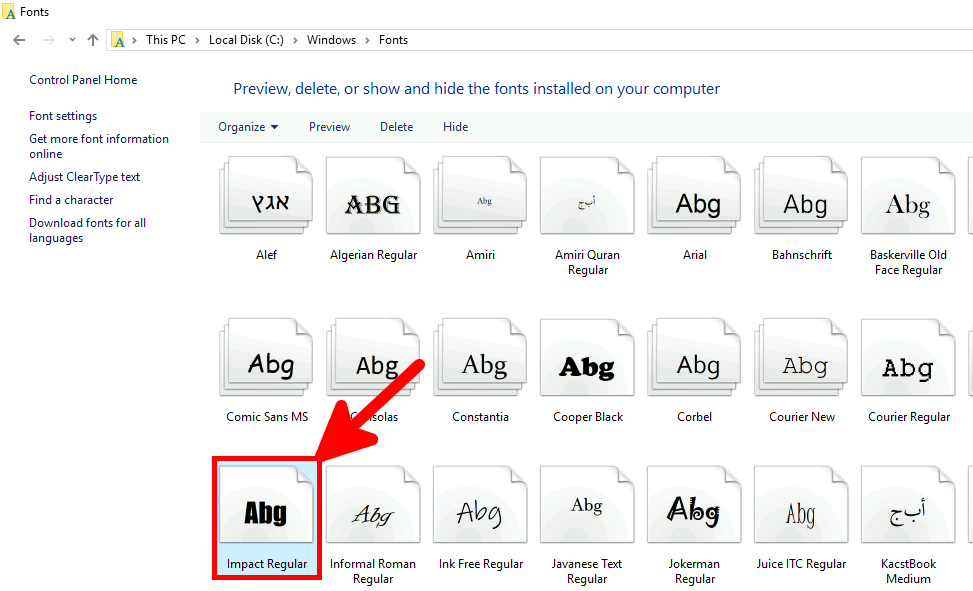 Dossier Fonts Windows avec la police Impact Regular surlignée en rouge