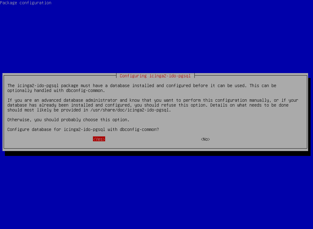 Programme d’installation Debian demandant la configuration automatique de la base de données PostgreSQL pour icinga2-ido-pgsql via dbconfig-common.