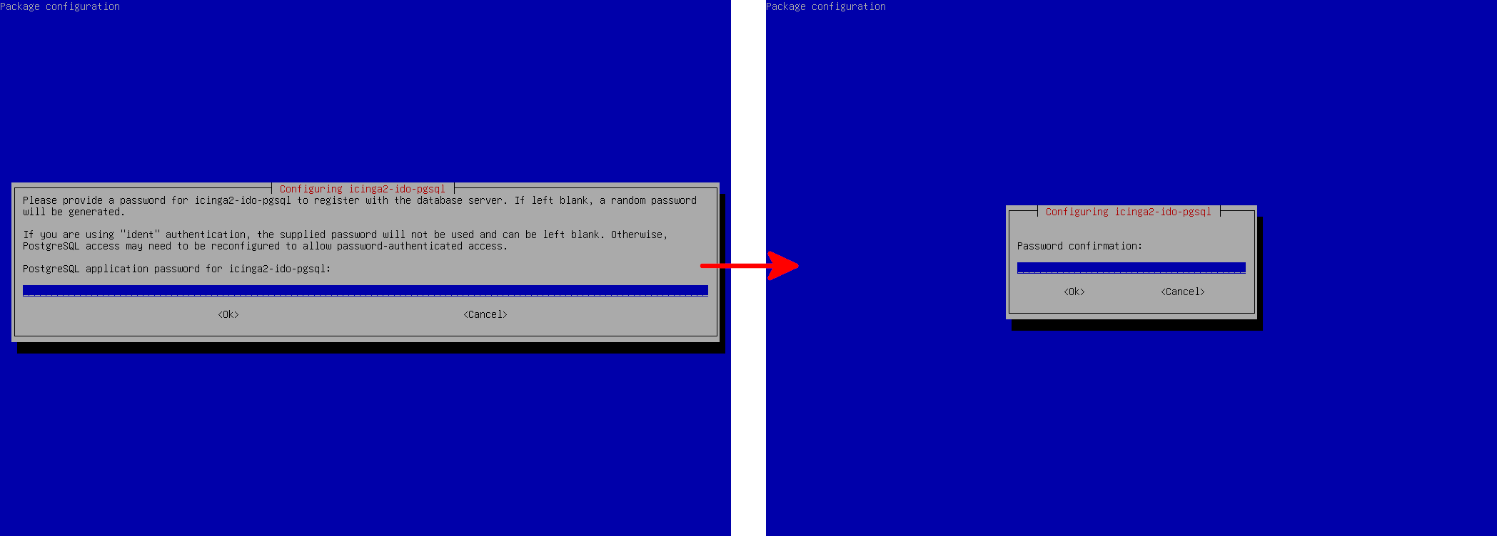 Programme d’installation Debian demandant la définition et la confirmation du mot de passe de l’application PostgreSQL pour icinga2-ido-pgsql.