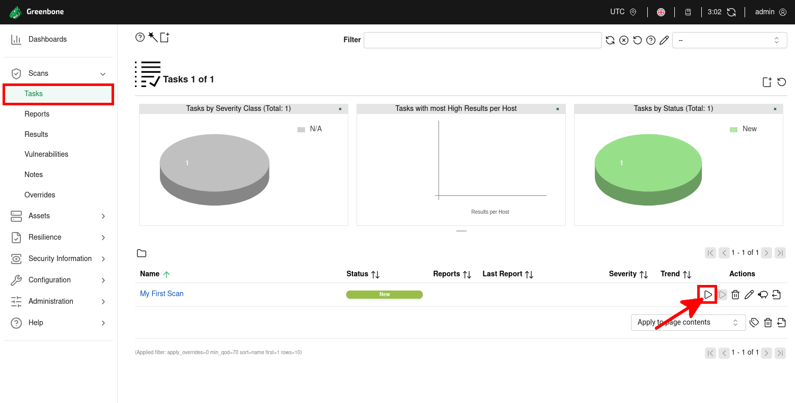Capture d’écran de la page Tasks dans Greenbone Vulnerability Manager sur Kali Linux 2025 montrant comment lancer un nouveau scan en cliquant sur le bouton Play