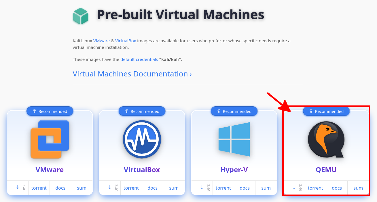 Page officielle de téléchargement de Kali Linux affichant l’option QEMU pour machine virtuelle préconfigurée