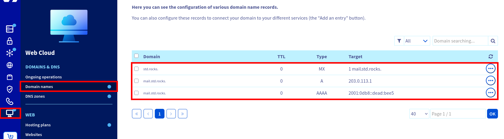 Capture d’écran du tableau de bord DNS OVHcloud montrant les enregistrements MX, A et AAAA du domaine std.rocks pointant vers le serveur mail.std.rocks.