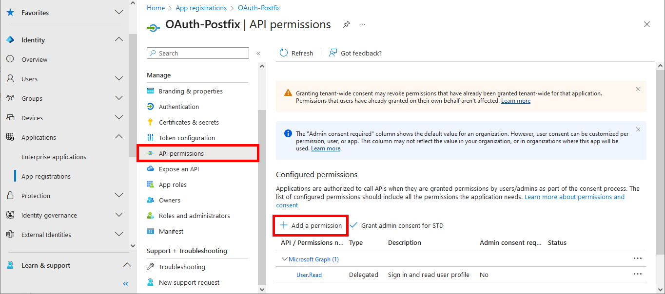 Capture de Microsoft Entra montrant la section des autorisations API avec le bouton Ajouter une autorisation en surbrillance pour l’application OAuth-Postfix