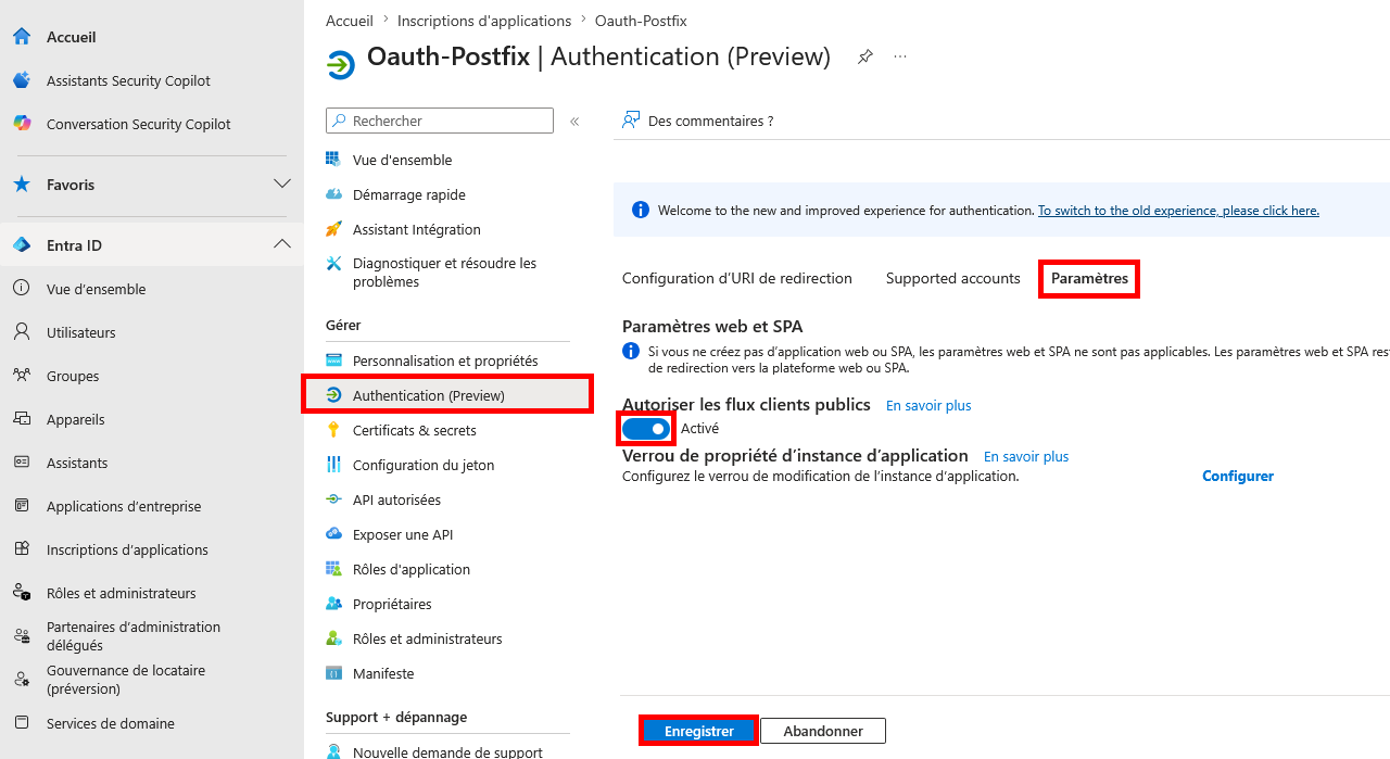Capture du portail Microsoft Entra montrant le menu Authentification avec l’option Autoriser les flux de clients publics activée et le bouton Enregistrer mis en évidence