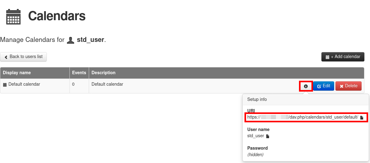 Écran de gestion des calendriers de Baïkal affichant le calendrier par défaut et les informations d’URI CalDAV nécessaires à la configuration des clients de calendrier