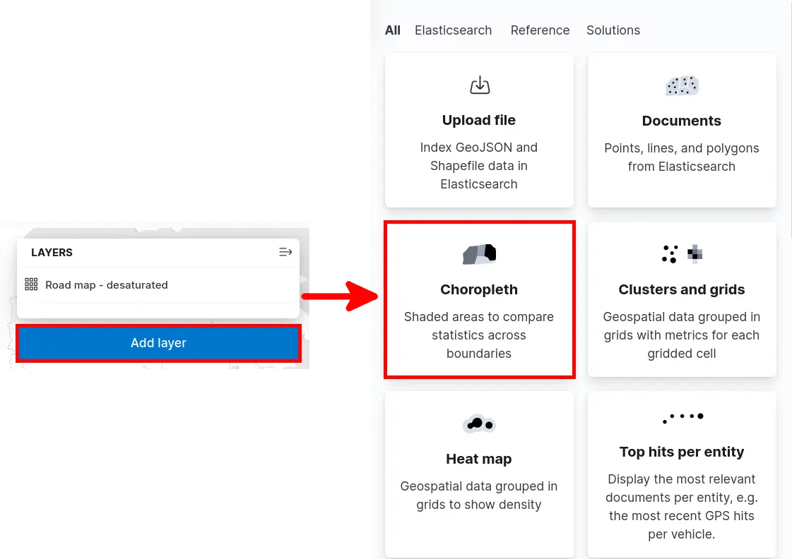 Sélection d’une couche dans Kibana Maps avec l’option Choroplèthe pour visualiser les données par région