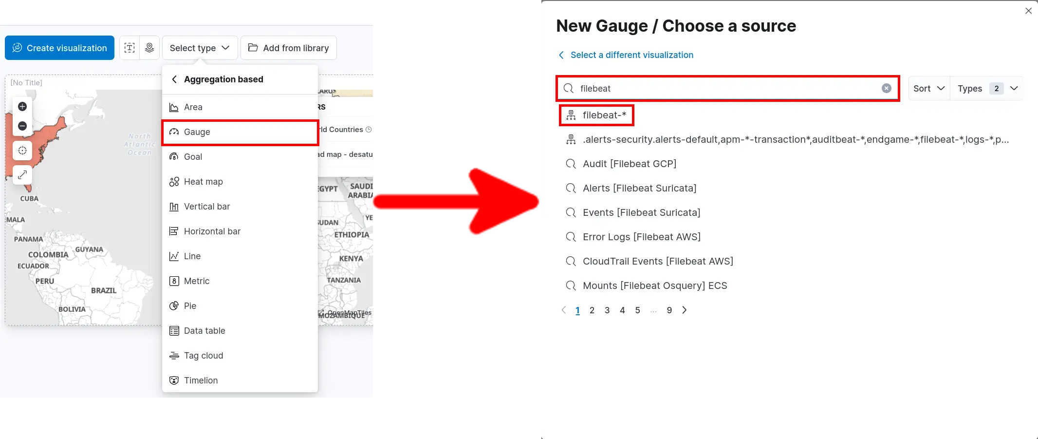 Configuration de la visualisation de jauge dans Kibana avec le modèle d’index filebeat sélectionné comme source de données
