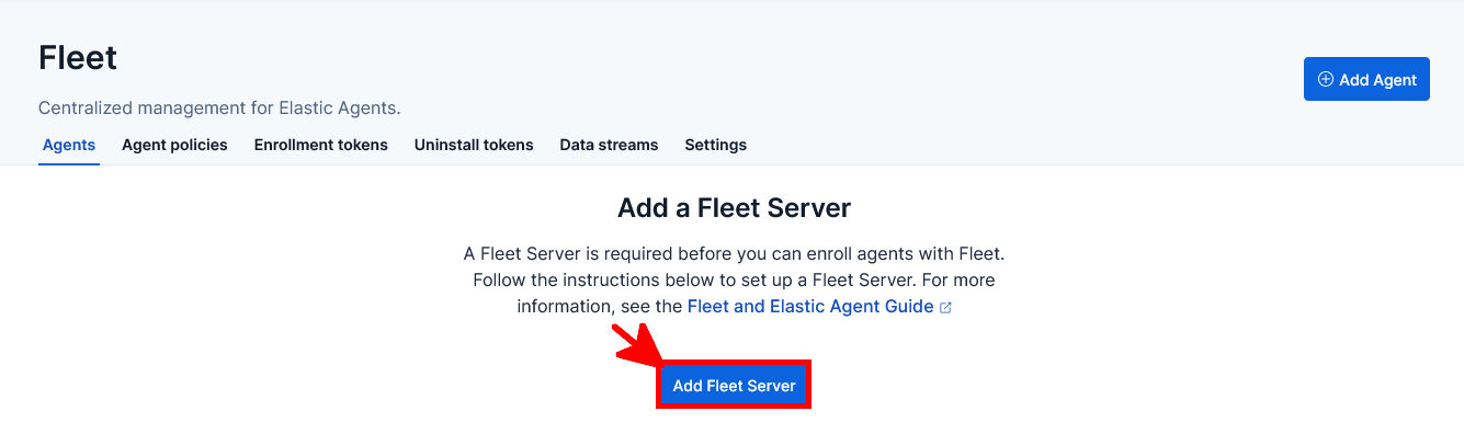 Page Fleet de Kibana affichant le bouton Add Fleet Server utilisé pour lancer l’assistant de configuration de Fleet Server.