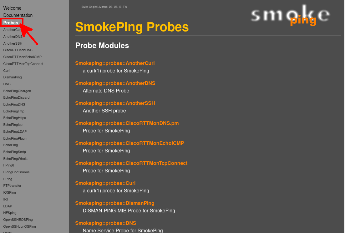 Page de documentation SmokePing affichant la section « Probes » dans le menu de navigation.
