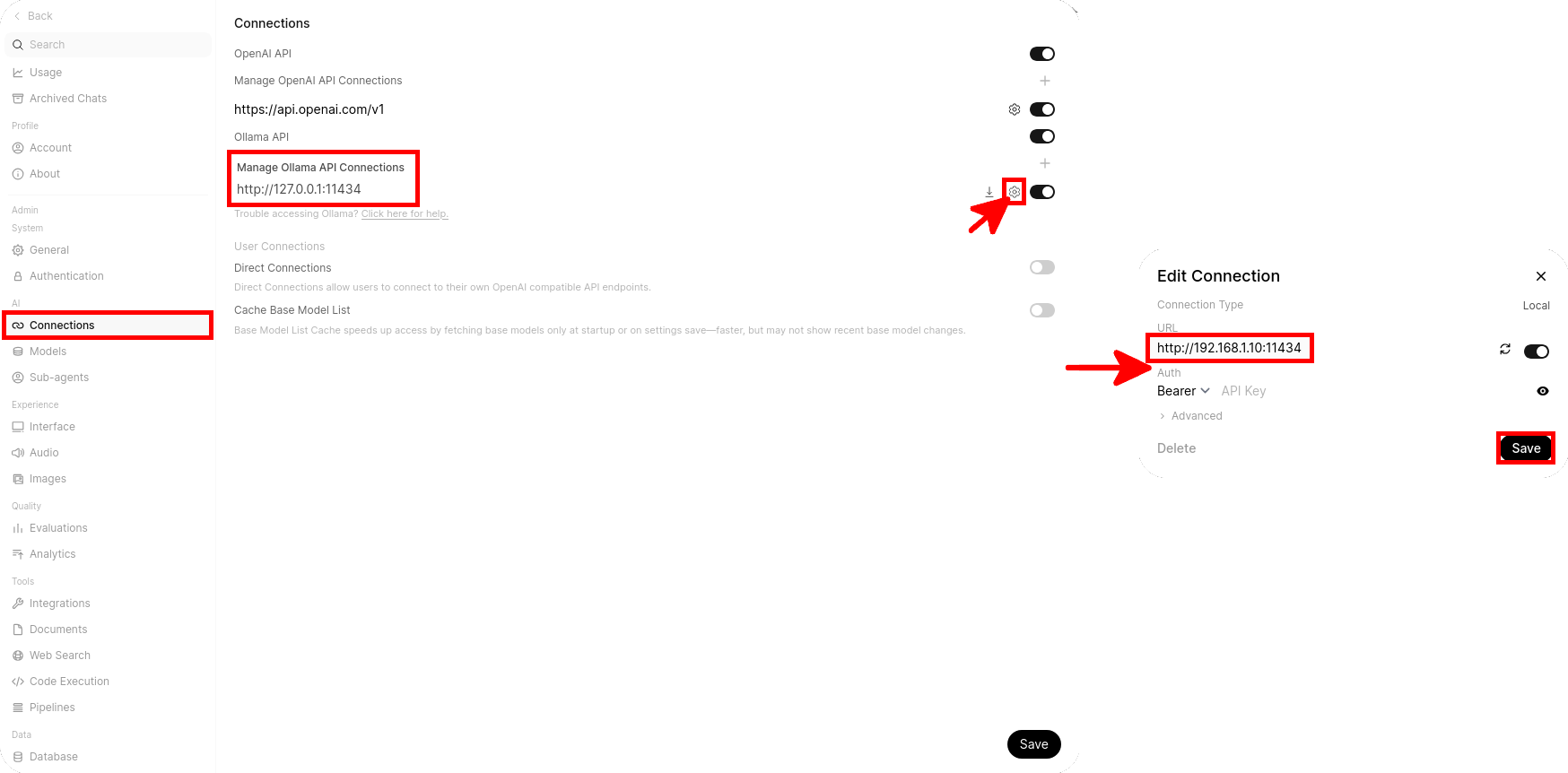 Modification de la connexion à l’API Ollama dans Open WebUI pour utiliser un serveur Ollama distant