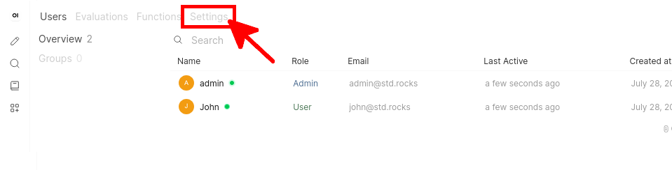 Ouverture de l’onglet Settings dans le panneau d’administration d’Open WebUI pour configurer l’accès utilisateur aux modèles