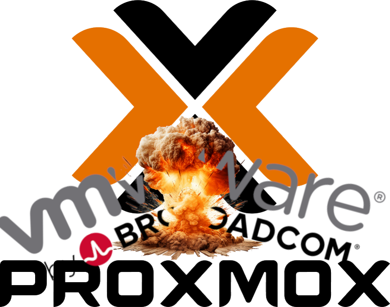 Explosion symbolique du logo VMware au profit de Proxmox, illustrant la migration et le remplacement de l'infrastructure virtuelle.