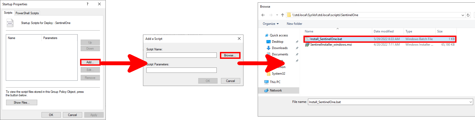Etapes pour ajouter un script de démarrage dans GPO : ouvrir les propriétés, rechercher le fichier batch et sélectionner Install_SentinelOne.bat