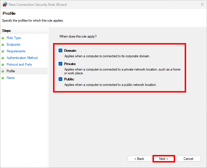 Assistant de règles IPsec du pare-feu Windows montrant les profils de réseau sélectionnés : Domaine, Privé et Public