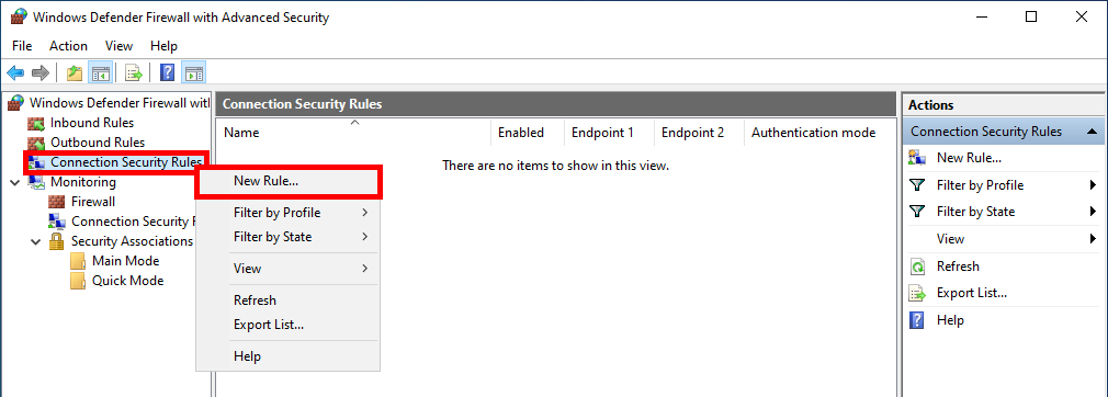 Création d'une nouvelle règle de sécurité de connexion dans le Pare-feu Windows Defender pour la configuration IPsec