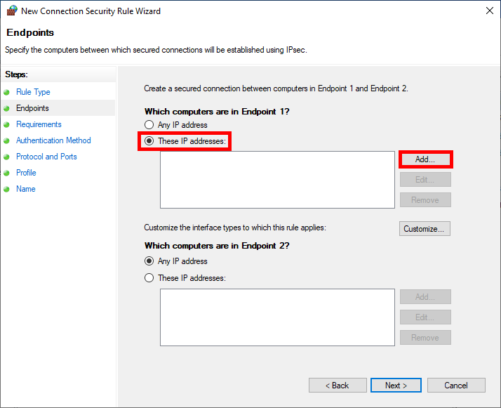 Spécification des adresses IP pour le point de terminaison 1 lors de la configuration de la règle de connexion IPsec dans le Pare-feu Windows
