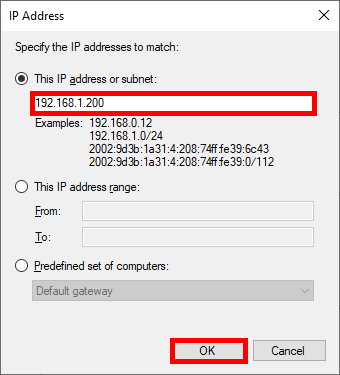 Saisie d'une adresse IP spécifique pour définir un point de terminaison dans une règle IPsec du Pare-feu Windows