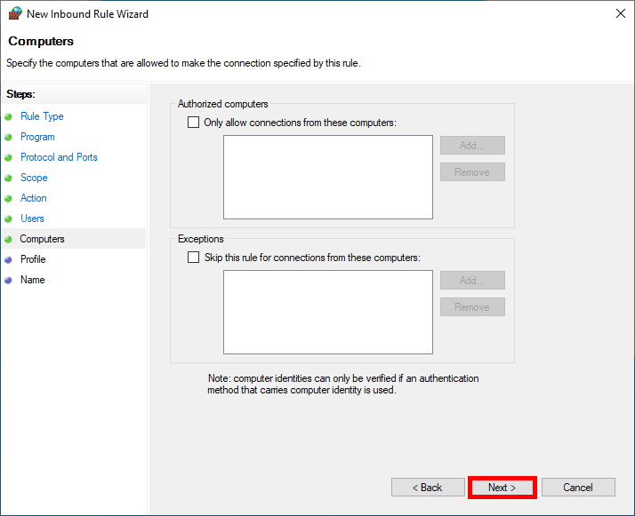 Assistant de création de règle du Pare-feu Windows affichant les restrictions de connexion basées sur l'ordinateur pour la configuration de la règle IPsec