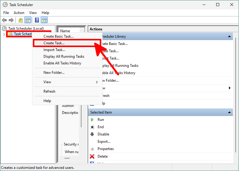 Fenêtre du Planificateur de tâches Windows montrant l’option Créer une tâche sélectionnée pour automatiser la suppression des WinApps avec PowerShell.