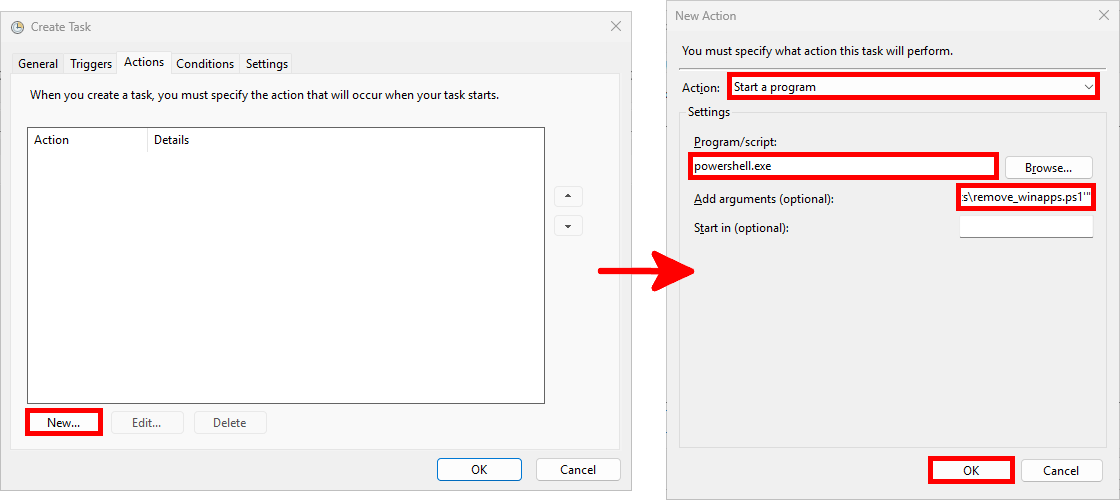 Capture d’écran du Planificateur de tâches Windows montrant la configuration d’une action PowerShell pour lancer le script remove_winapps.ps1.