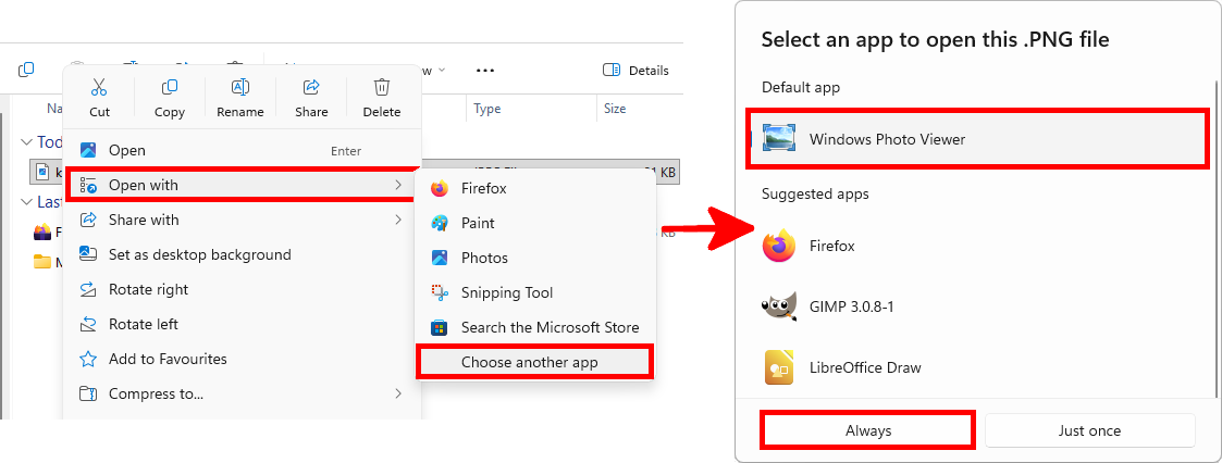 Windows 11 montrant comment ouvrir un fichier image avec la Visionneuse de photos Windows et la définir comme application par défaut.