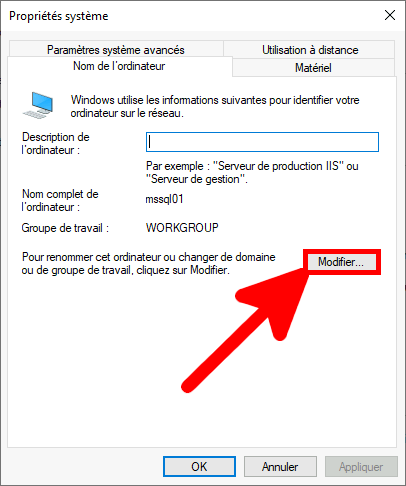 Windows | Propriétés système, onglet nom de l'ordinateur