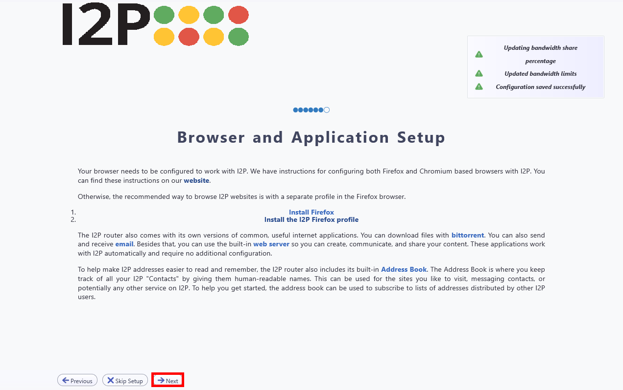 Écran de configuration d’I2P expliquant la configuration du navigateur et des applications, avec des instructions et le bouton Suivant mis en surbrillance