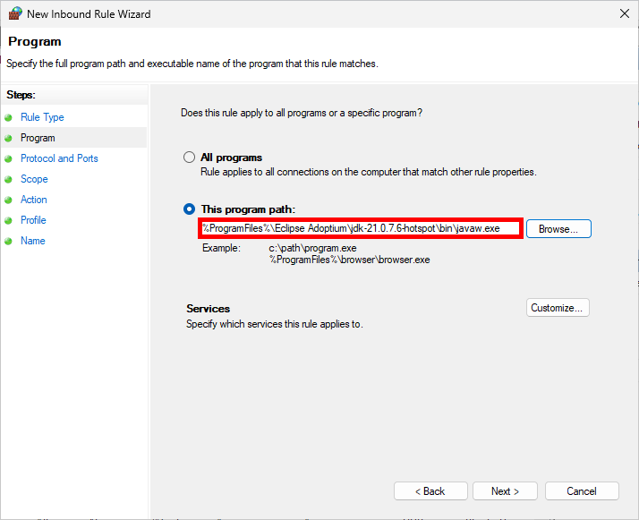 Assistant de création de règle du Pare-feu Windows avec le chemin du programme spécifié vers javaw.exe pour Eclipse Temurin JDK