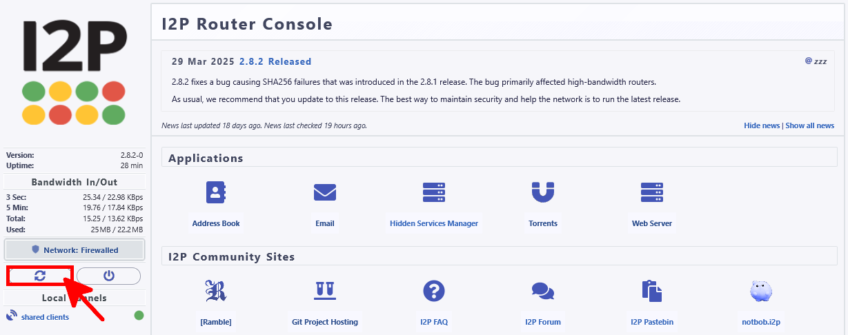 Interface de la console du routeur I2P avec le bouton de redémarrage du routeur mis en surbrillance