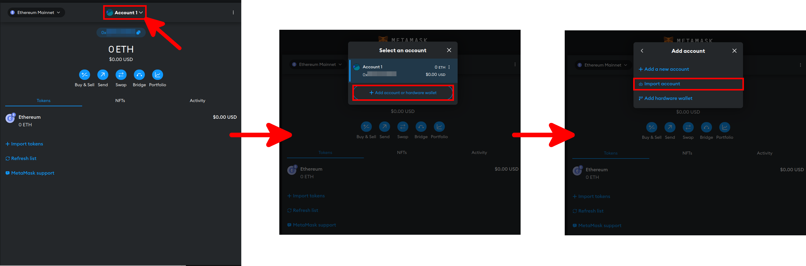 Étapes MetaMask pour importer un compte à partir d'une clé privée