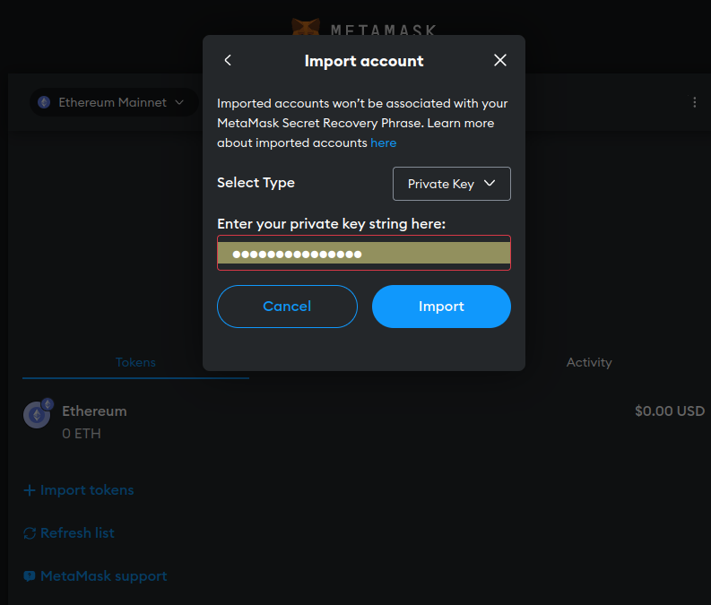 Étape d'importation de clé privée depuis MetaMask