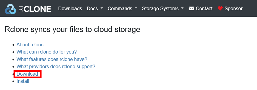 Capture d'écran du site web de Rclone avec un lien en surbrillance pour le téléchargement du logiciel.
