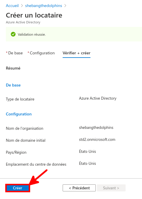 Azure Portal | Create a tenant, validation passed