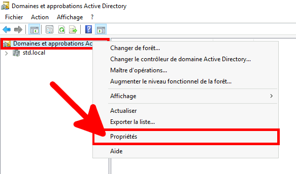 clic droit sur Domaines et approbations Active Directory dans la console Domaines et approbations Active Directory