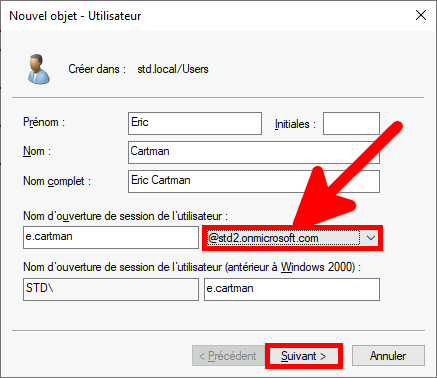 fenêtre de création d'un nouvel utilisateur active directory