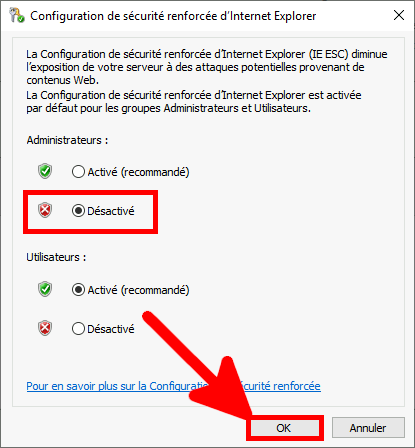fenêtre de la configuration de sécurité renforcée d'internet explorer désactivée pour les administrateurs