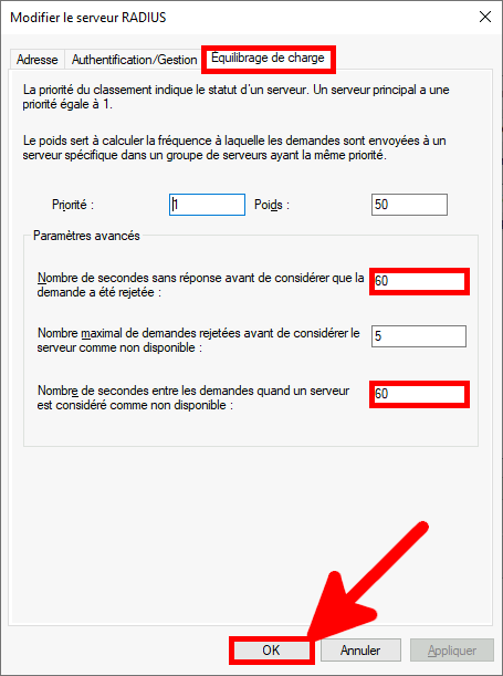 Edit RADIUS Server, load balancing tab