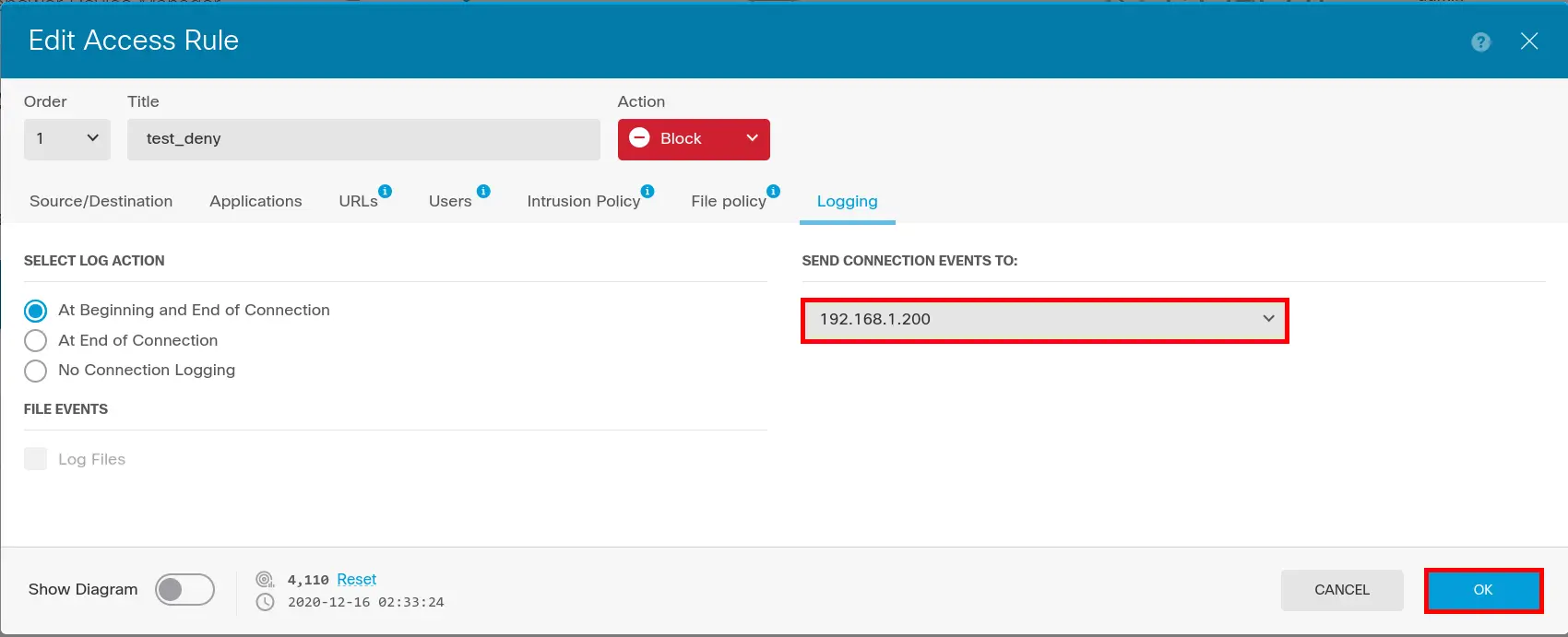 Paramètres de journalisation de Cisco Firepower pour une règle d’accès montrant les actions de connexion et l’adresse IP du serveur Syslog de destination