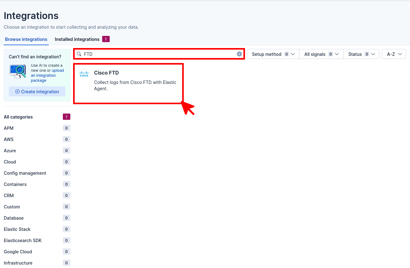 Page Integrations de Kibana affichant une recherche FTD et le résultat Cisco FTD
