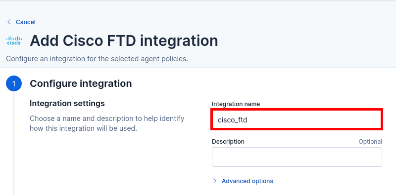 Formulaire Kibana affichant le champ de nom pour l’intégration Cisco FTD
