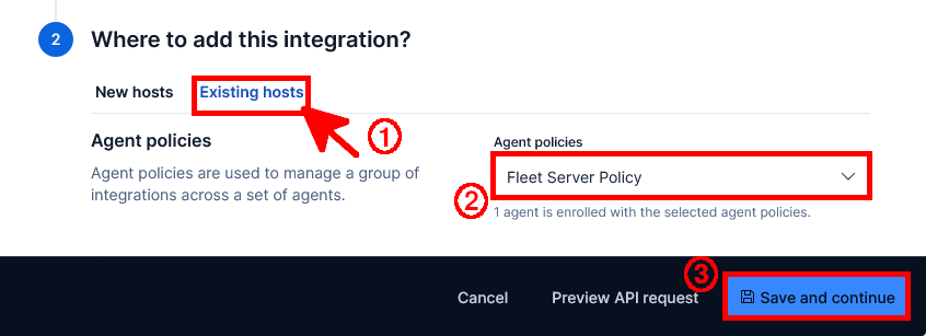Page Kibana affichant l’onglet Existing hosts, la sélection Fleet Server Policy et le bouton Save and continue