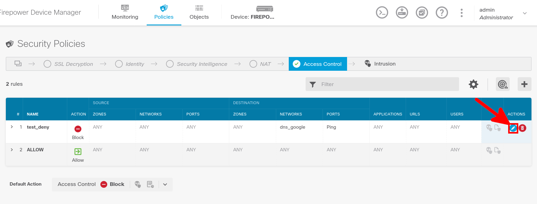 Politique de contrôle d’accès Cisco Firepower FTD affichant le bouton de modification d’une règle firewall