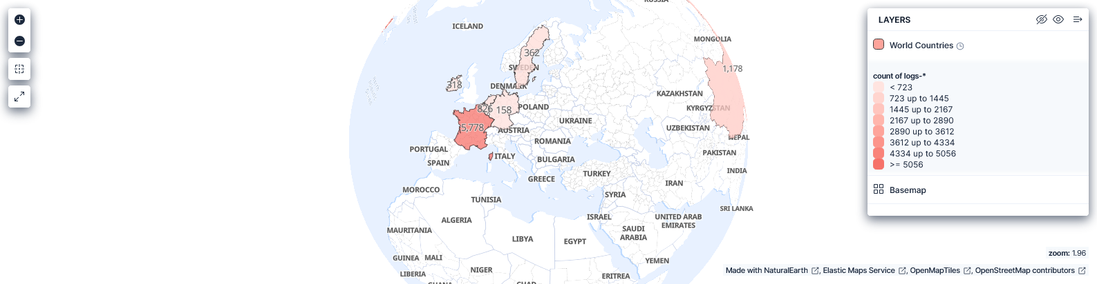 Carte Kibana affichant le volume de trafic Cisco FTD par pays