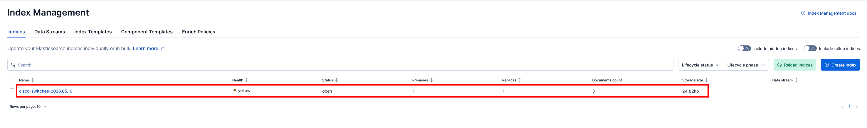 Kibana Index Management affichant les index Elasticsearch des switchs Cisco créés par Logstash