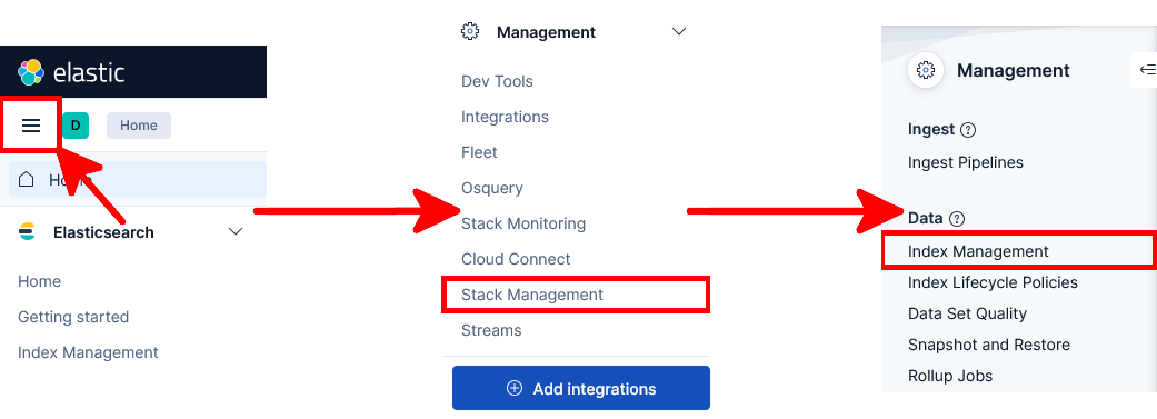 Menu de navigation Kibana affichant le chemin vers Stack Management et Index Management