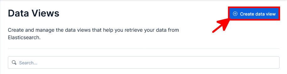 Page Kibana Data Views avec le bouton Create data view mis en évidence