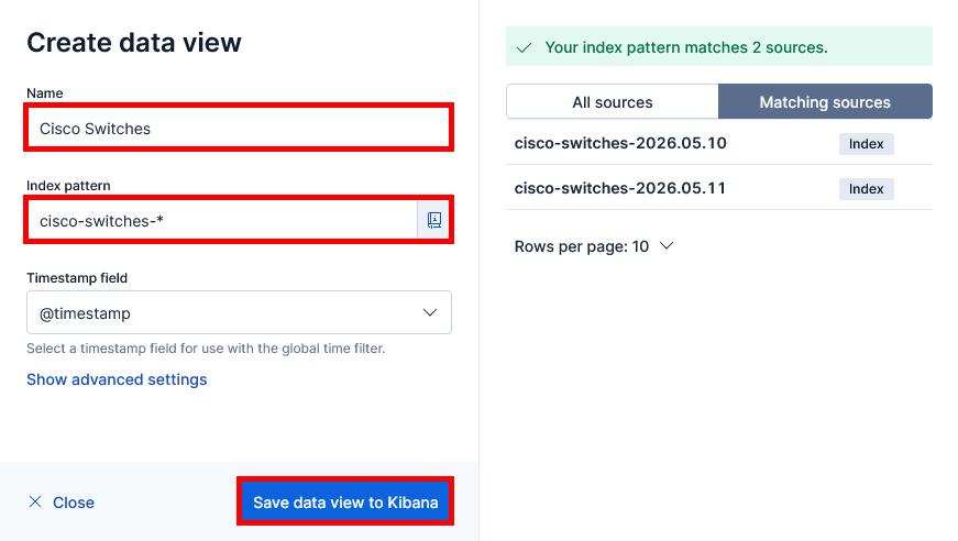 Écran Kibana Create data view utilisant le motif d’index cisco-switches-* pour les logs des switchs Cisco